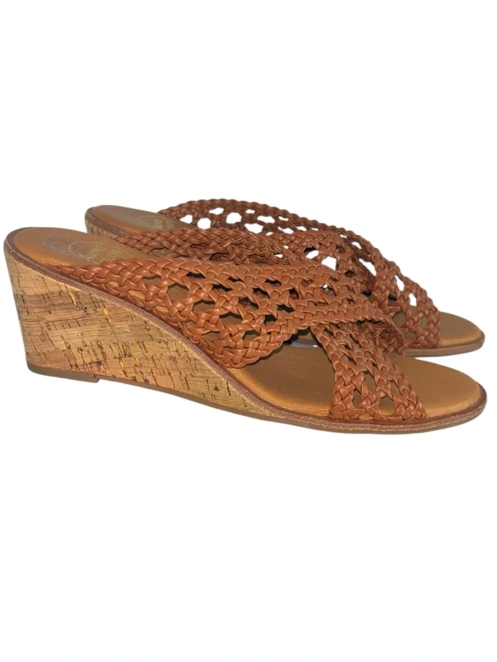 Andre Assous Bryana Woven Leather Cork Wedge Slide Sandals Brown 9 NWOT